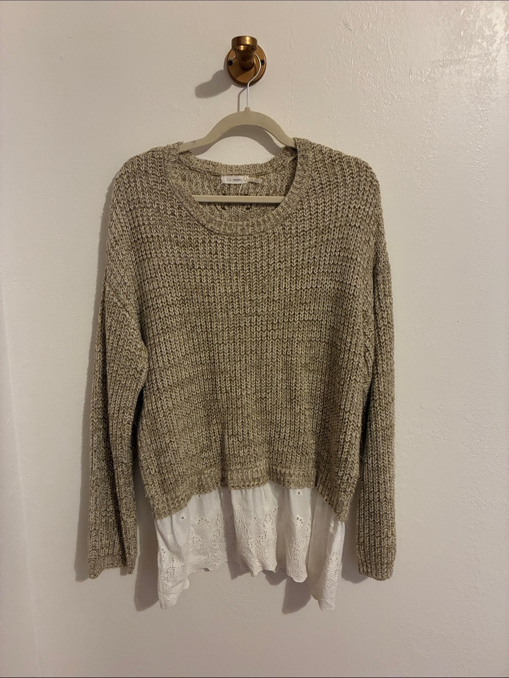 Blu Pepper Cream Knit Crewneck Sweater with White Eyelet Layer